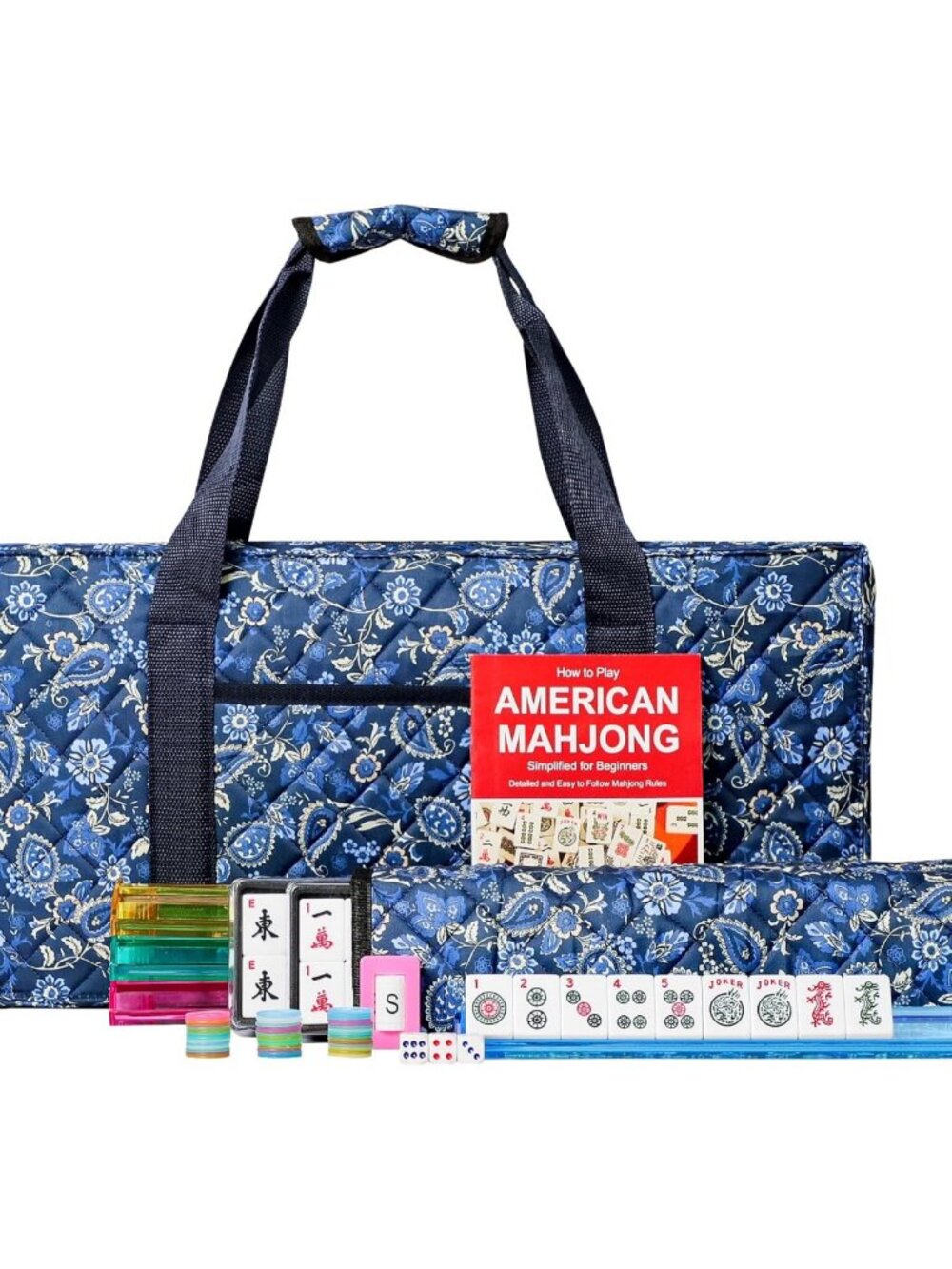 Deluxe Mahjong Set with Blue Carrying Bag, 166 Tiles & 4 All-in-One Racks